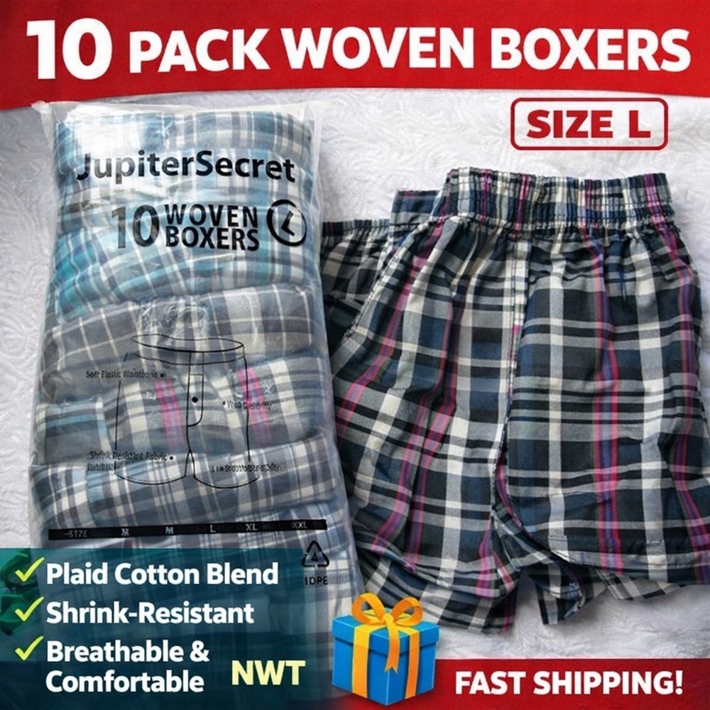 JupiterSecret 10 Pack Woven Boxers Size L Plaid Cotton Blend NIP